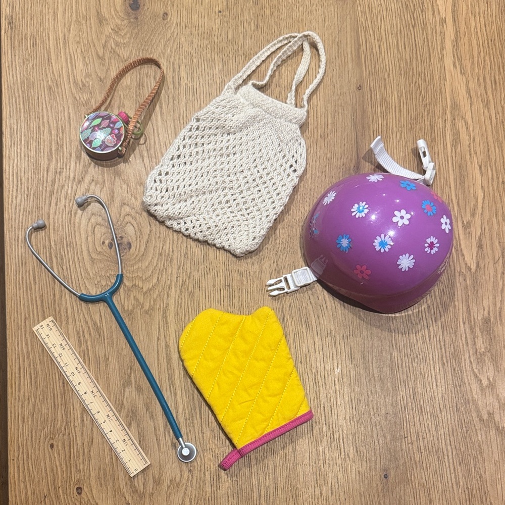American Girl Doll Accessories-Helmet, bag, ruler, oven mitt & stethoscope